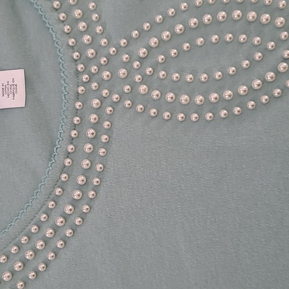 Alfred Dunner Lightweight Faux Pearl Studded Cotton Blend Top in Powder Blue - Picture 3 of 4